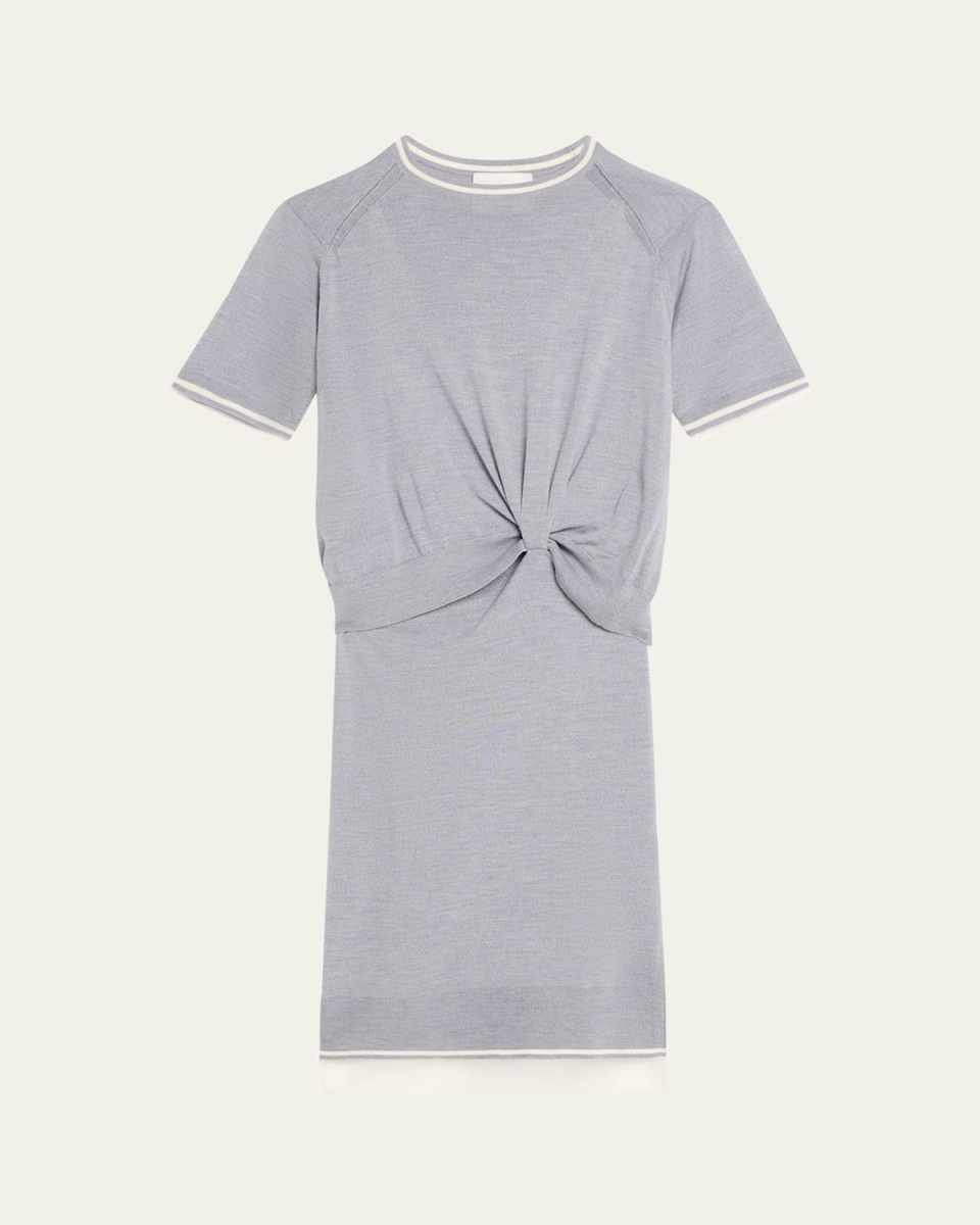 Short-Sleeve Draped Wool Organza Dress